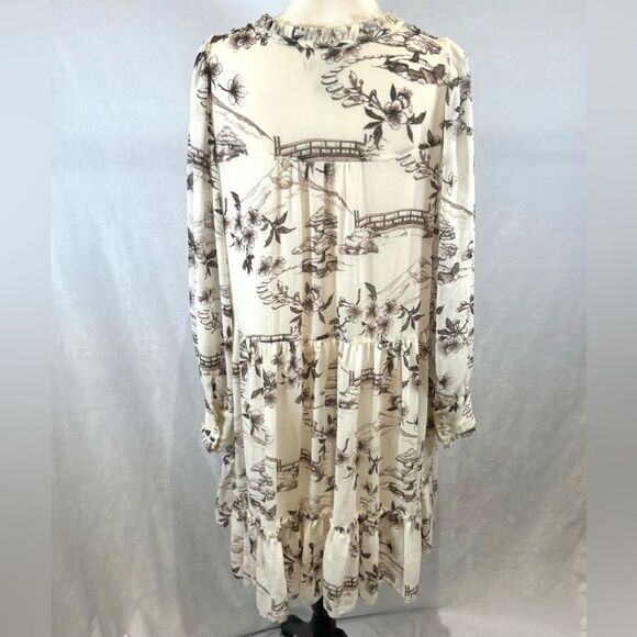 H&M long sleeve ivory and brown scenic blossom print dress size medium - Picture 4 of 7